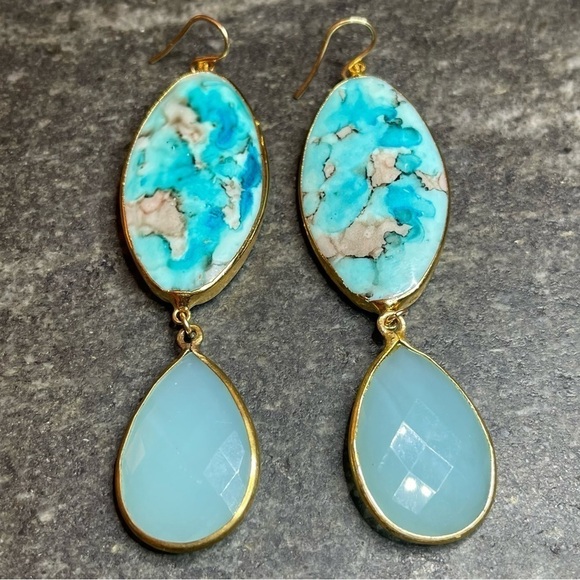10K Gold Plated Stained Oval Shell Drop Earrings With Sage Glass Teardrop Dangle - Picture 2 of 9